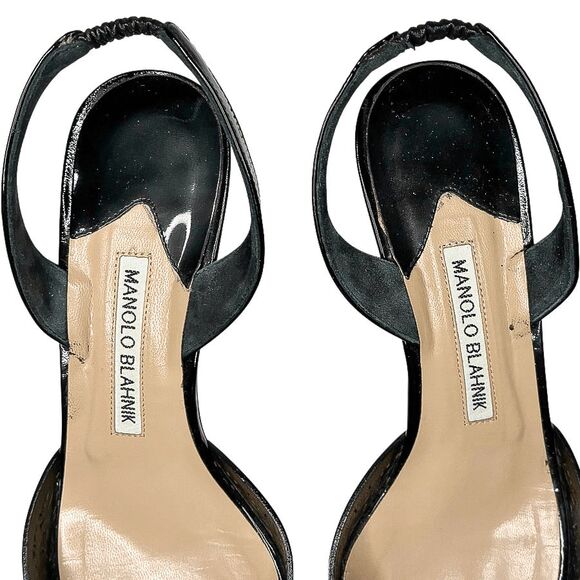 Manolo Blahnik Carolyne Laser Cut Heels Black Slingback Leather Heel Pumps EU 39 - Picture 5 of 12